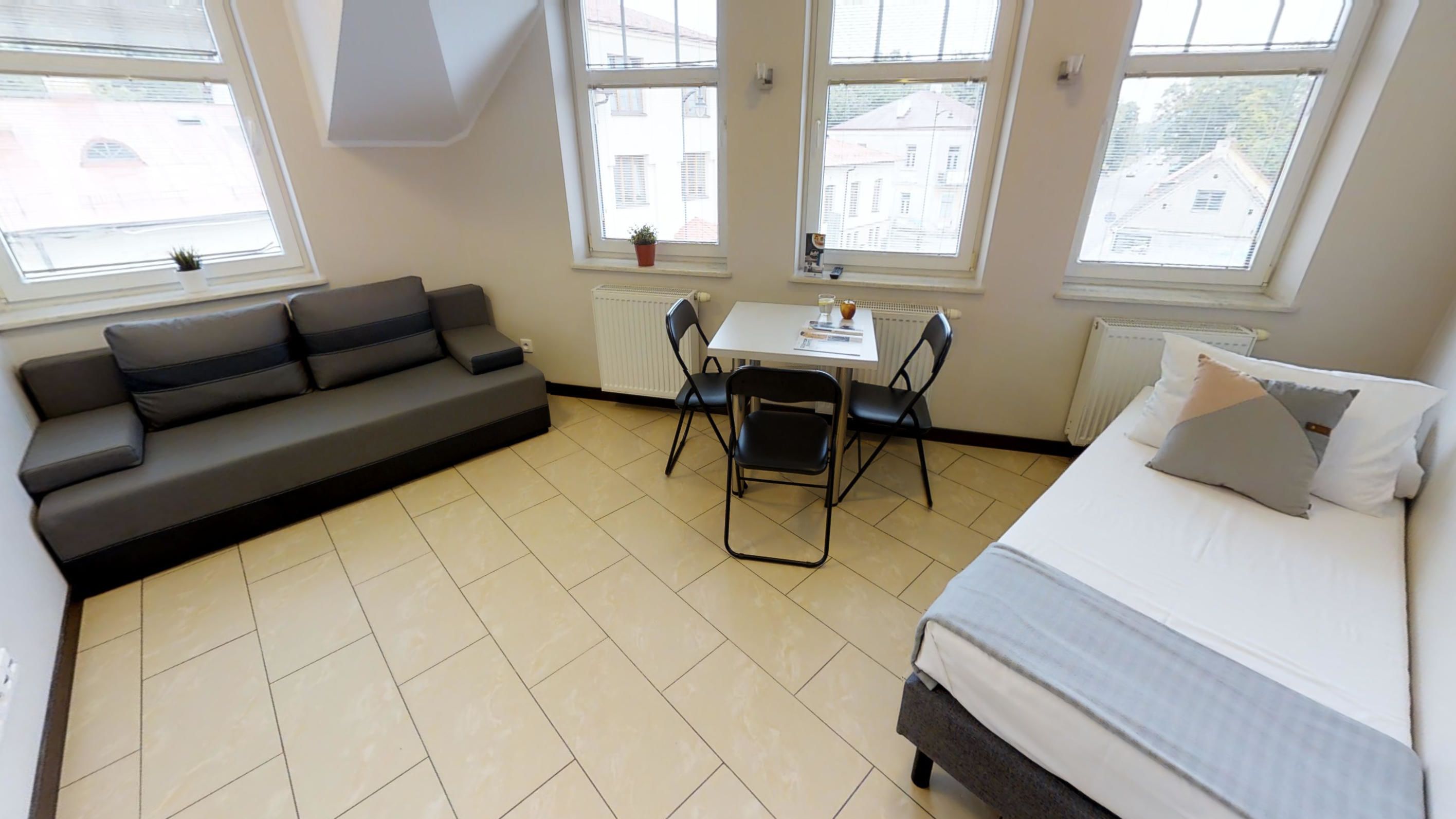 A compact room with a sofa, a bed, a small table, and chairs.