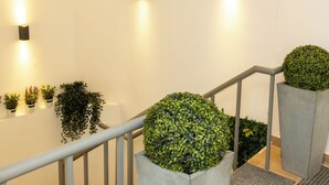 A modern staircase with a metal railing, potted plants, and wall-mounted lighting.