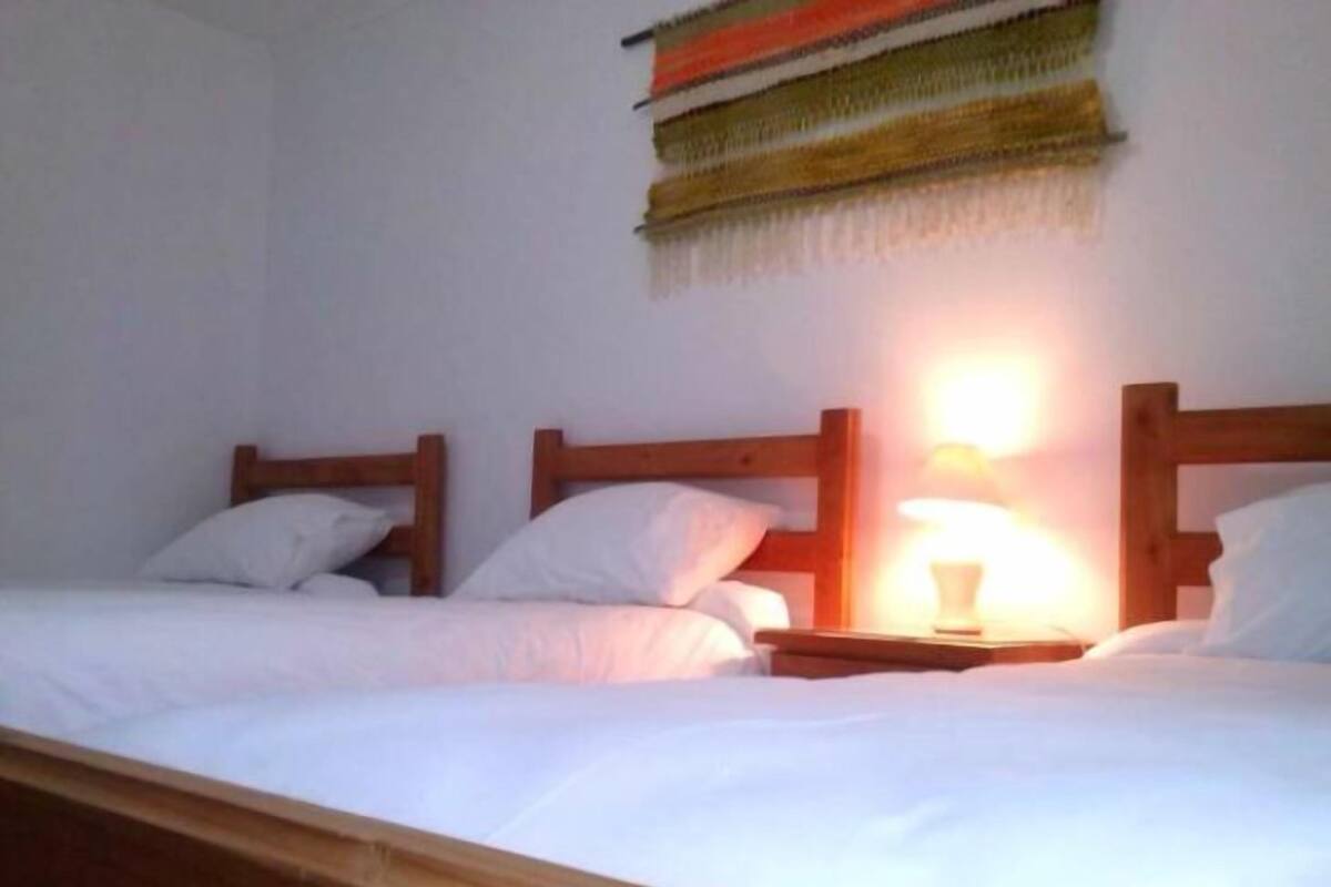 Una cama individual con cabecera de madera, una mesita de noche con lámpara y un cuadro colgado en la pared.