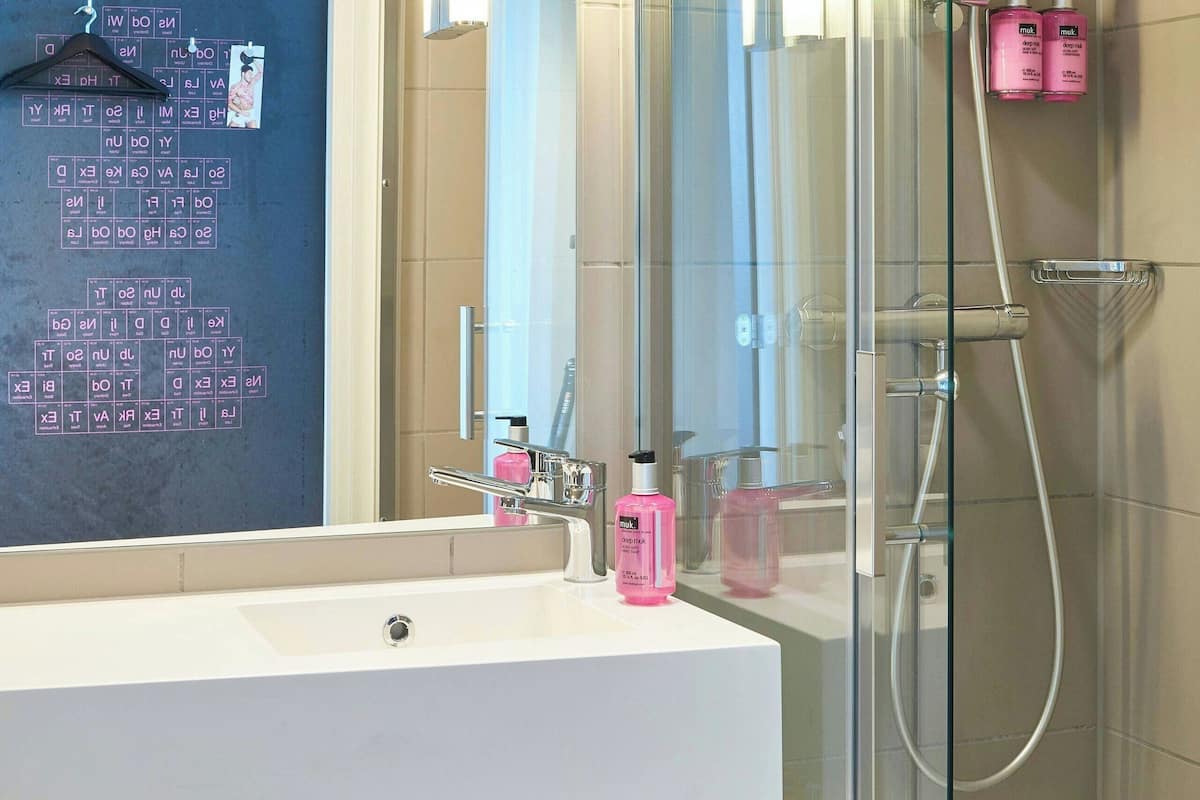 shower, free toiletries, hair dryer, towels