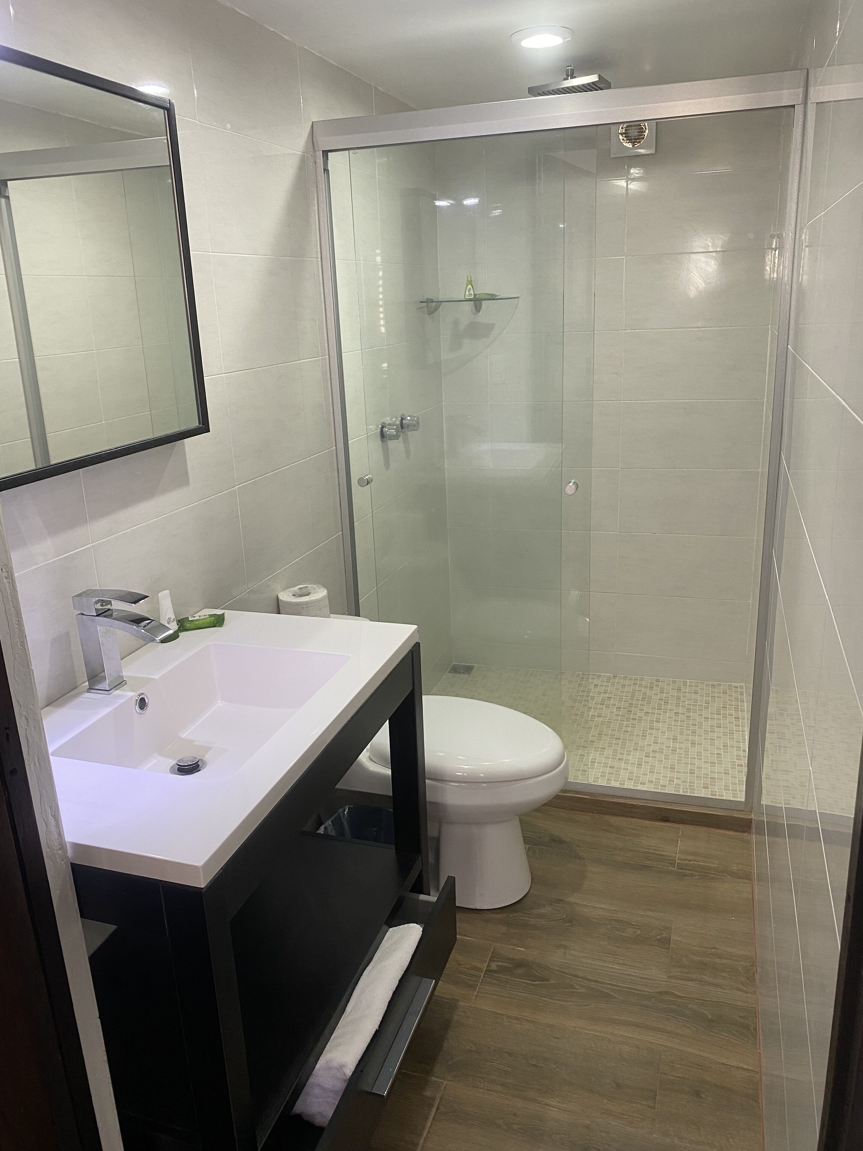Une salle de bain moderne avec une douche à parois de verre, un lavabo blanc avec un miroir et des toilettes.