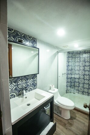 A bathroom with a white sink, a mirror, a toilet, and a shower with patterned tiles. - Villa Serena Centro Histórico (Mazatlán)