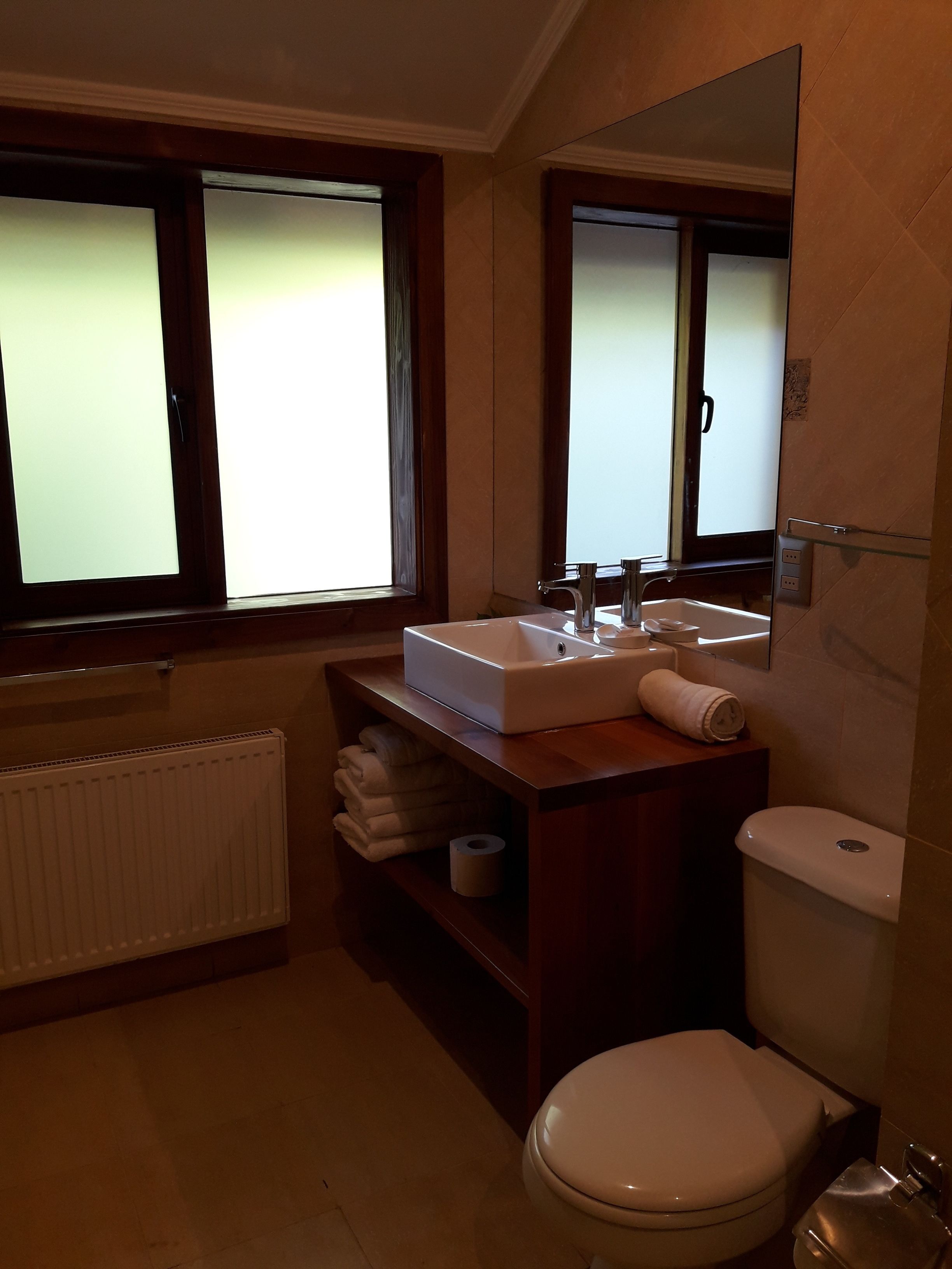 A modern bathroom with a white sink, a toilet, and a window with frosted glass.
