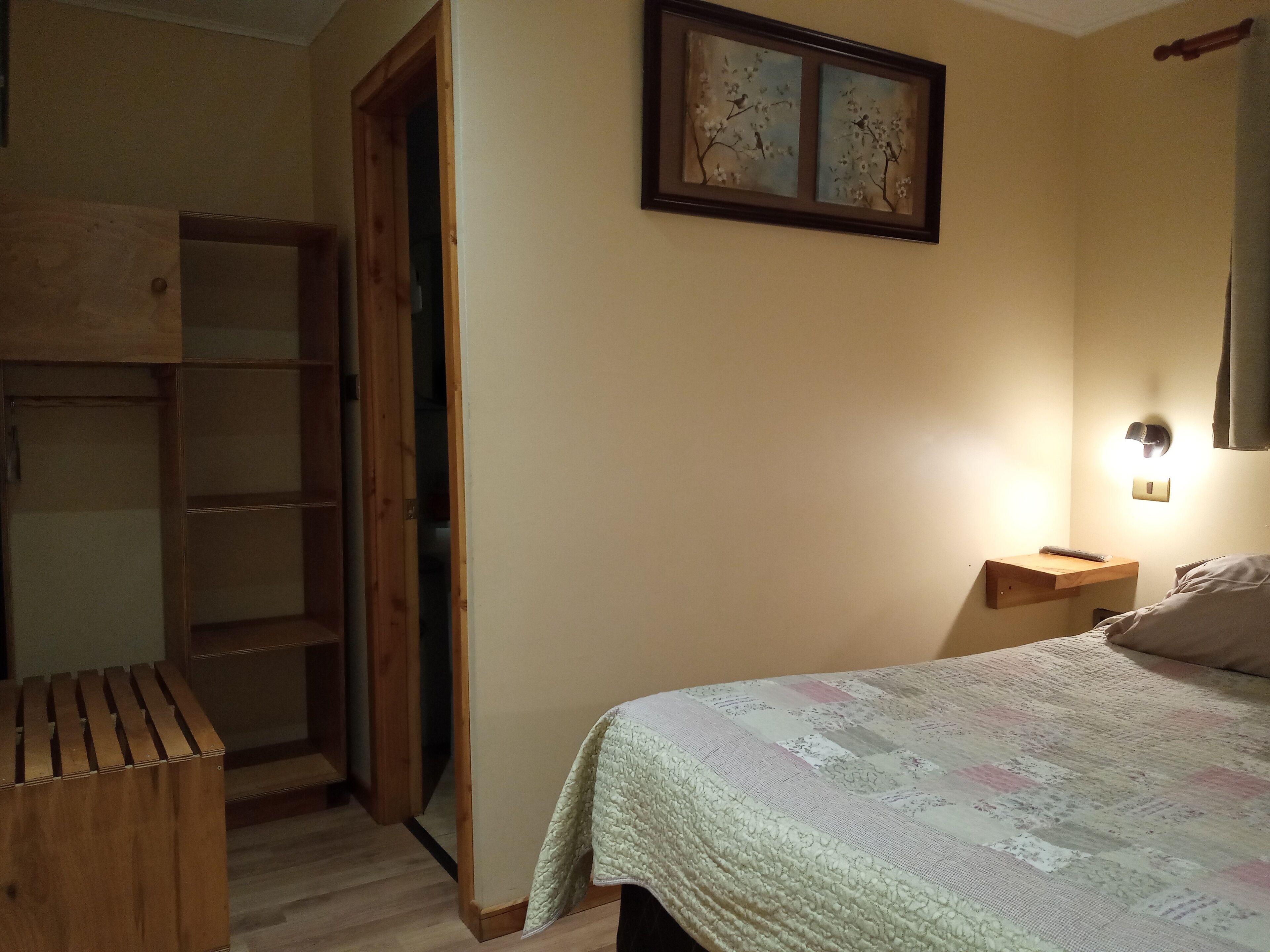 A bedroom with a bed, a nightstand, a wall-mounted light, and a door leading to a closet.