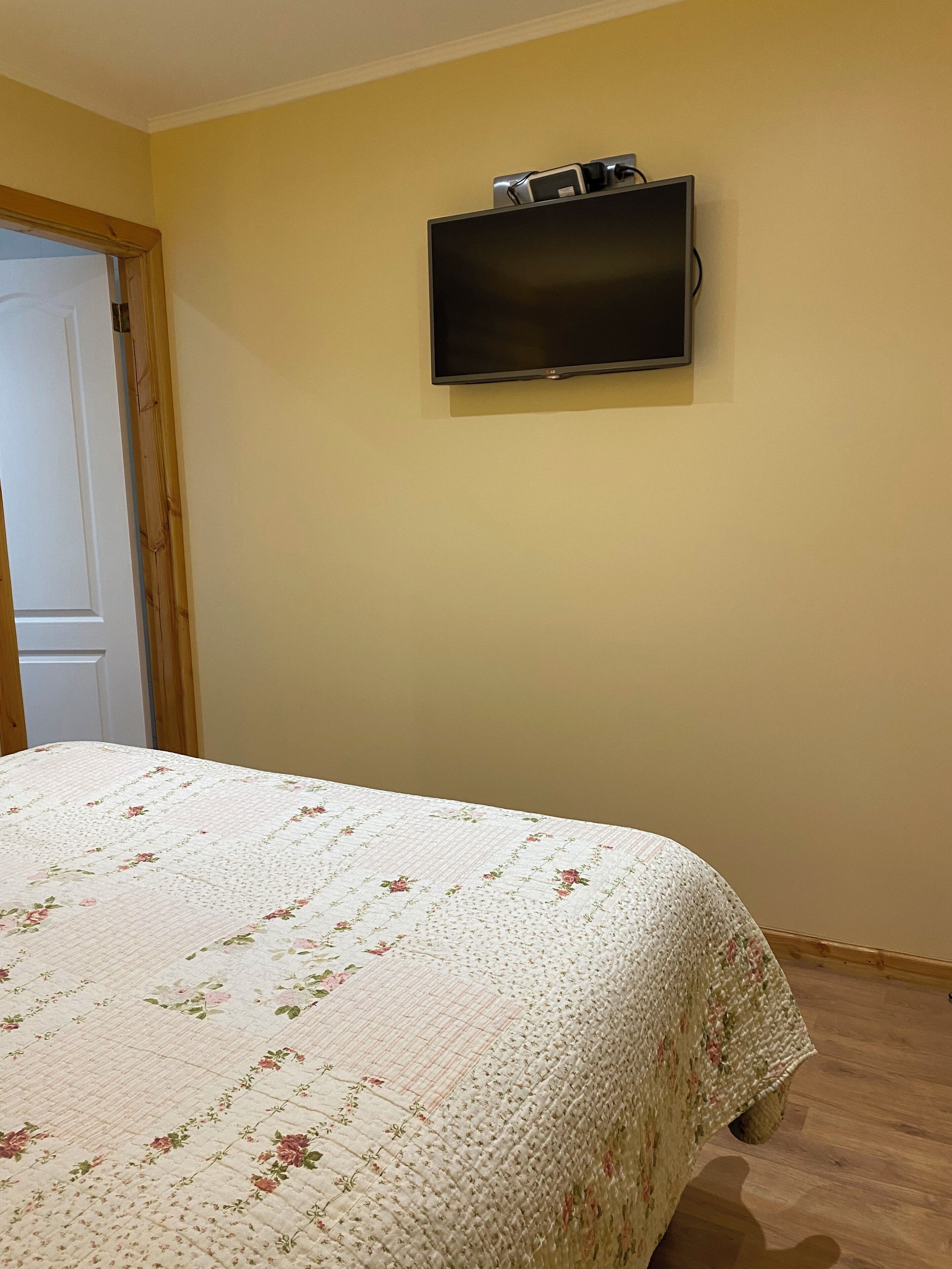 Una camera da letto con un letto, una televisione a muro e una porta.