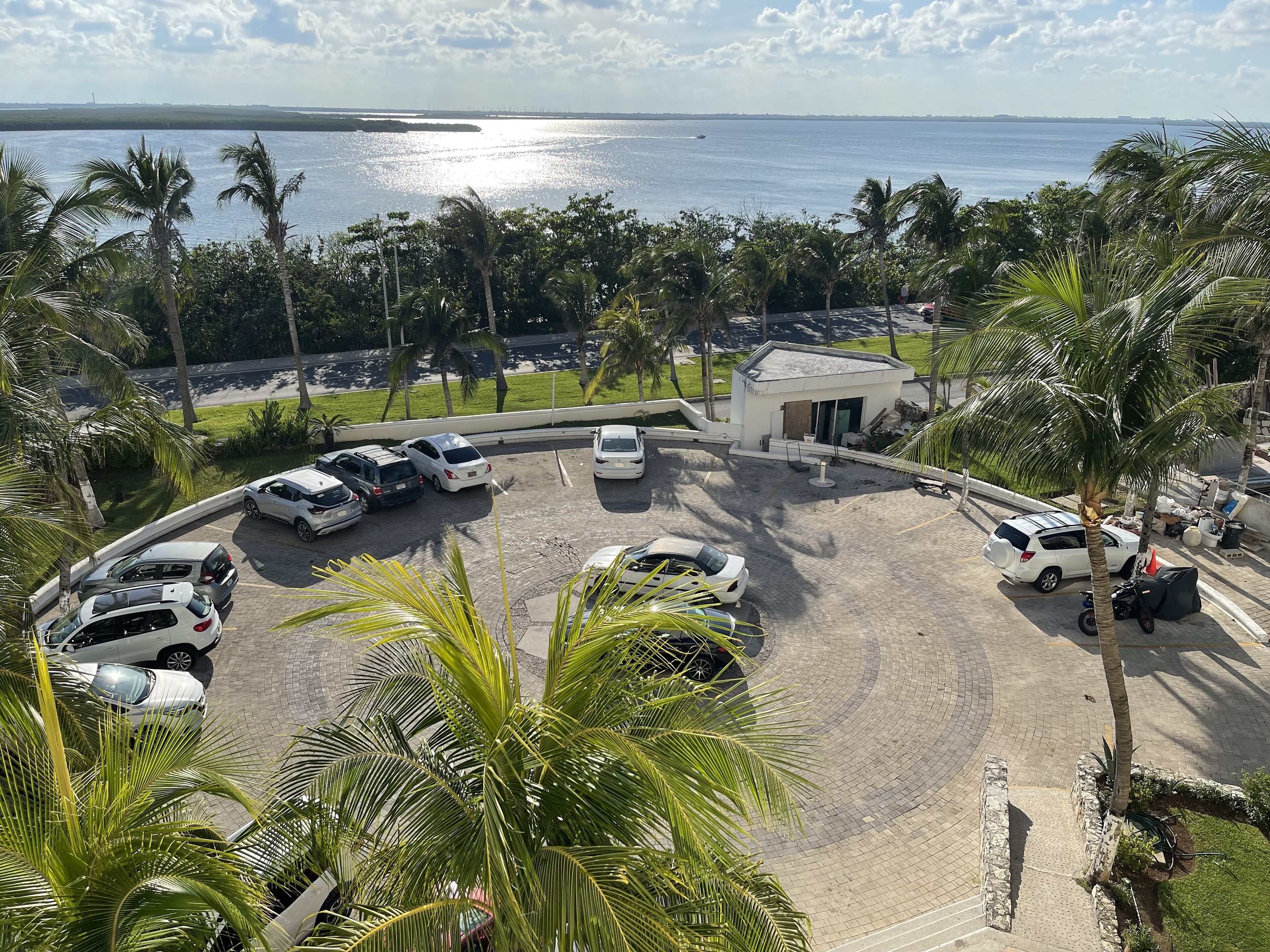 A parking area with several cars, surrounded by palm trees and a view of the sea.