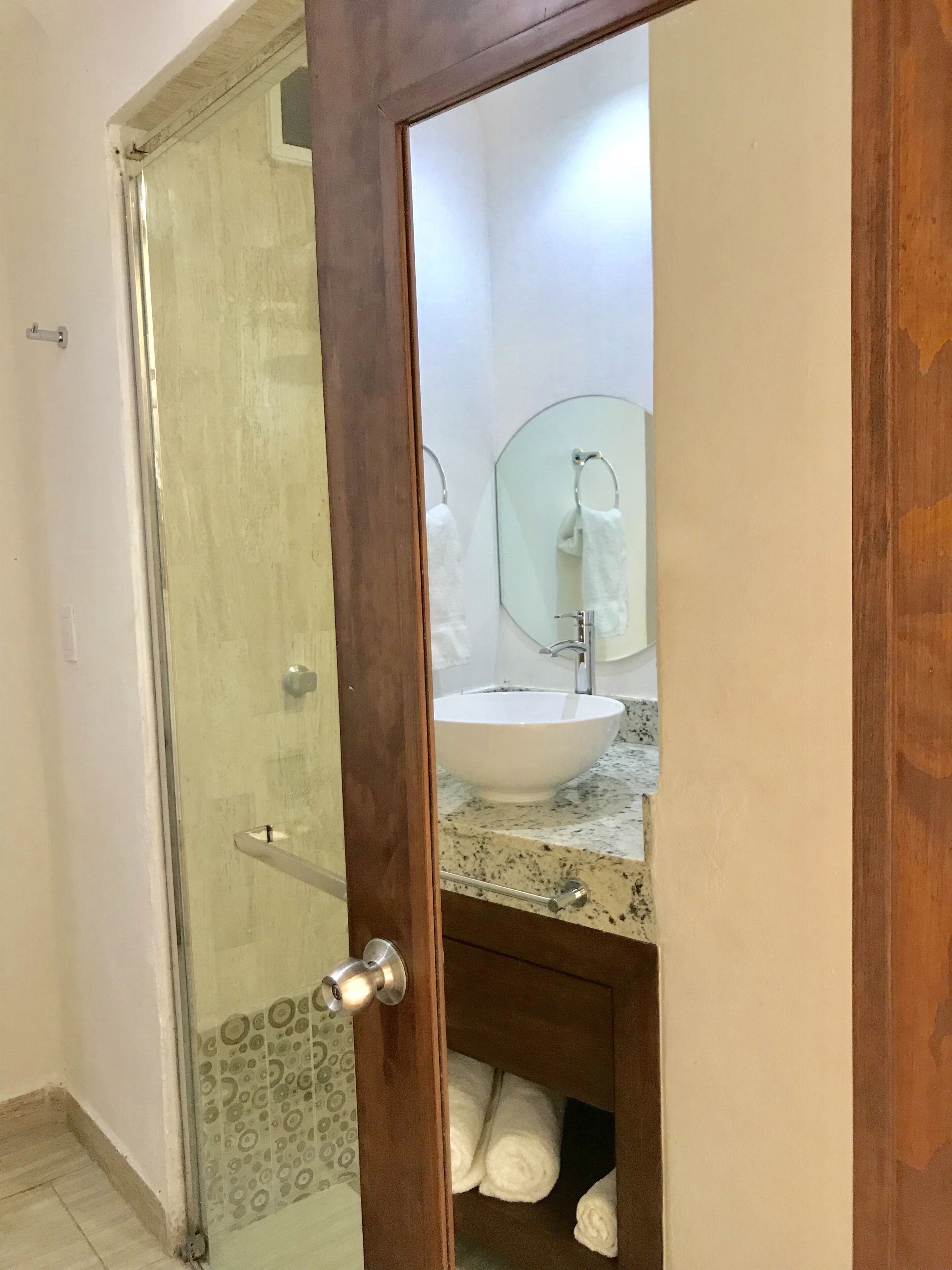 A bathroom with a glass shower door, a white sink, and a mirror above it.