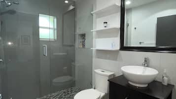 Shower, hair dryer, towels, soap