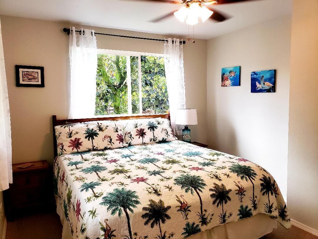 Une chambre à coucher comprenant un lit, un ventilateur de plafond, une fenêtre avec des rideaux et deux tableaux accrochés au mur.