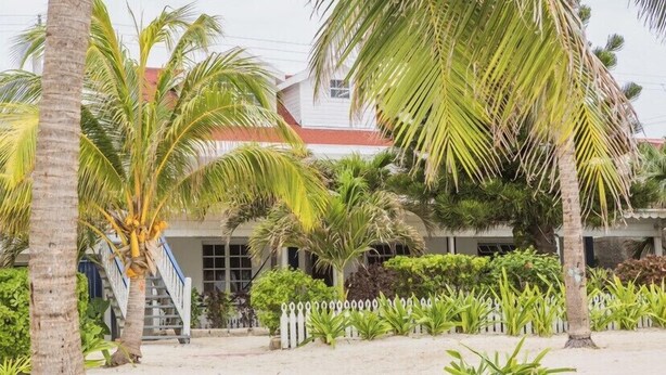 A building with a red roof, surrounded by palm trees and a white picket fence.
