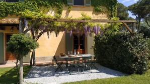 Un patio con mesa y sillas, rodeado de follaje y una pérgola con flores moradas.
