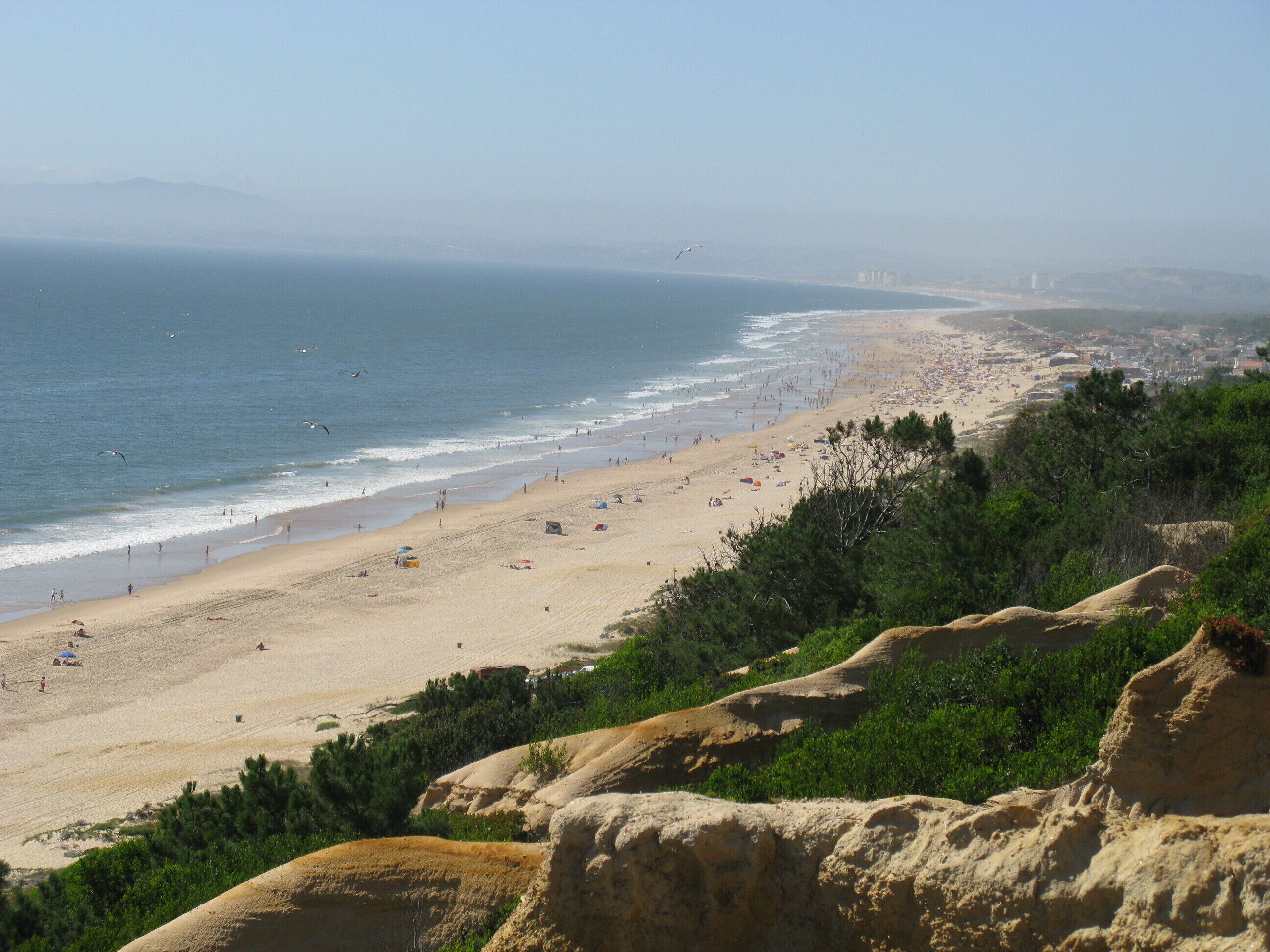A coastal beach with a sandy shore, waves, and a distant cityscape.
