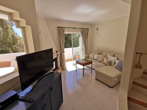 Älytelevisio, takka, DVD-soitin, kirjoja