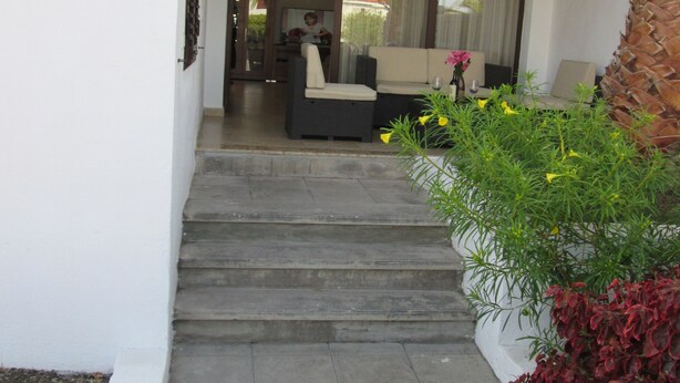 Un área de estar moderna al aire libre con un sofá y una mesa, una escalera que conduce a un espacio interior, y una planta en maceta con flores amarillas.