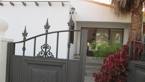 Una entrada protegida con herrajes decorativos, un muro blanco y una puerta que da a un espacio cubierto con plantas.