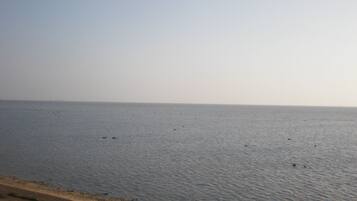 A beach with calm water and a clear sky.