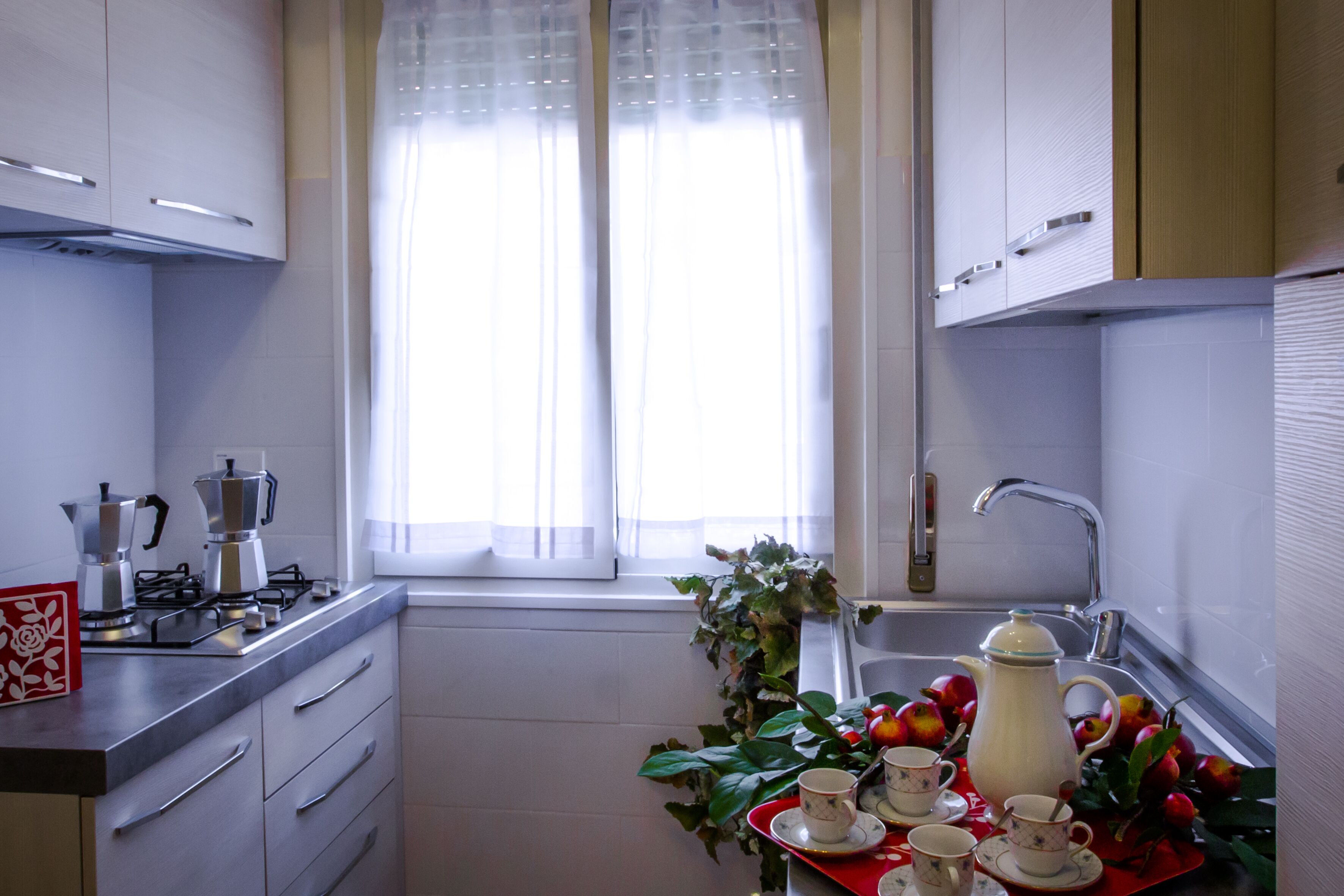 Coffee/tea maker, fridge, microwave, oven