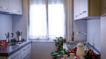Coffee/tea maker, fridge, microwave, oven