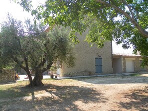 Un bâtiment rustique à la façade en pierre, avec un grand arbre devant et un ciel dégagé.