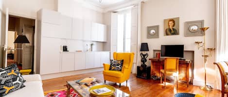 Flat-screen TV, books