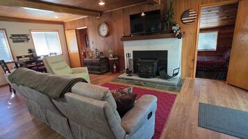 Smart TV, fireplace, books