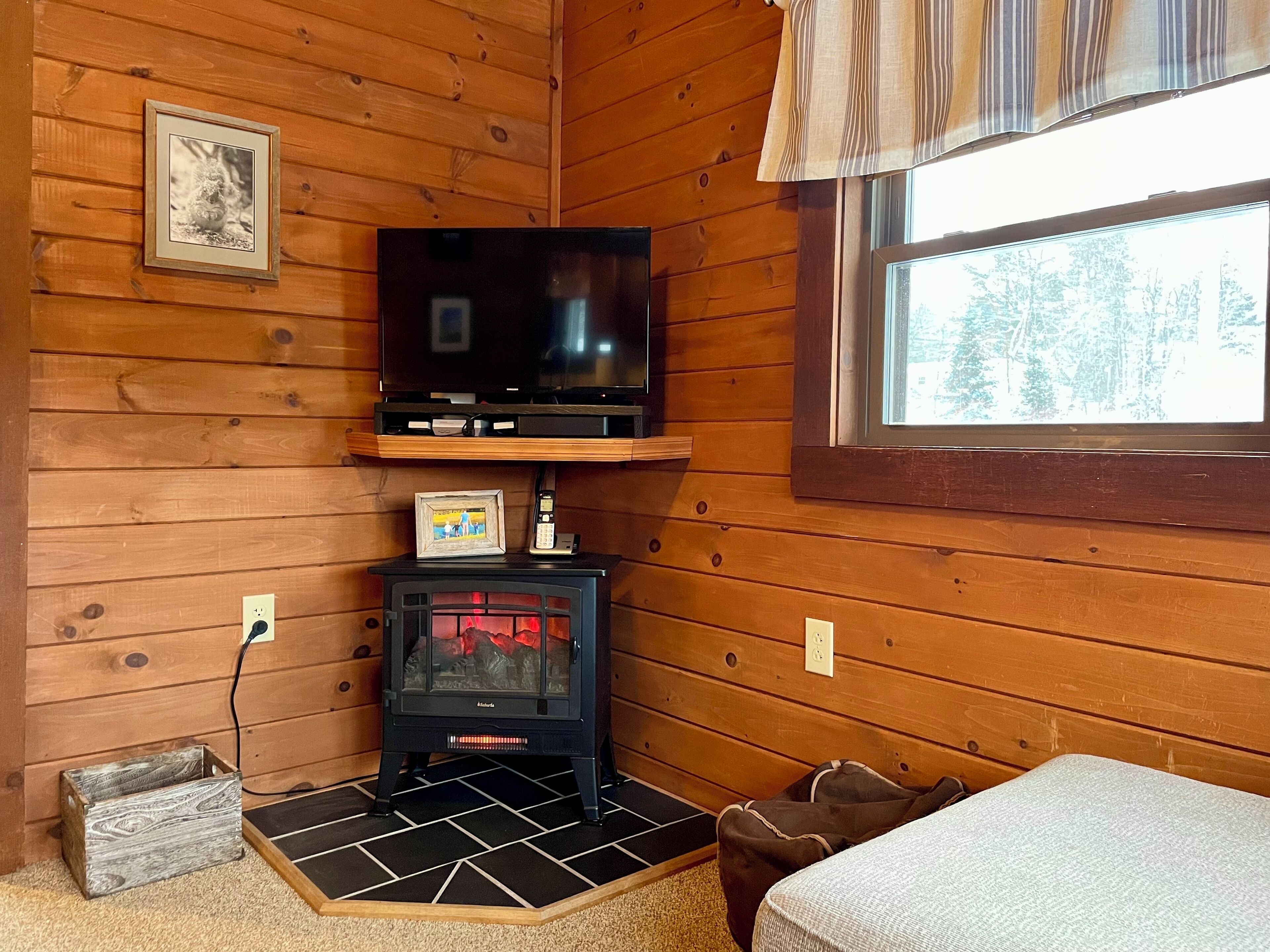 Smart TV, fireplace, DVD player, video library