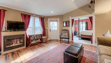 Smart TV, fireplace, books