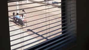 A window with horizontal blinds, a view of a beach with palm trees, and a clear sky. -  Gorgeous 360° Oceanfrnt Views* In the heart Famous Broadwlk*$Free Off St Park$* (Hollywood)