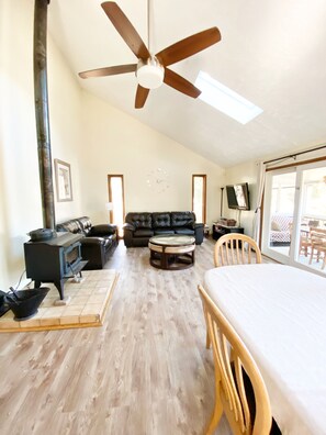 Smart TV, fireplace, video games, DVD player