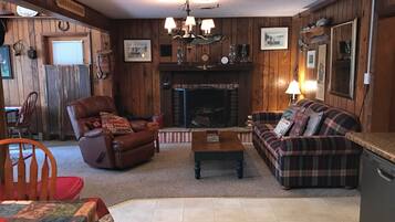 Smart TV, fireplace, DVD player, books