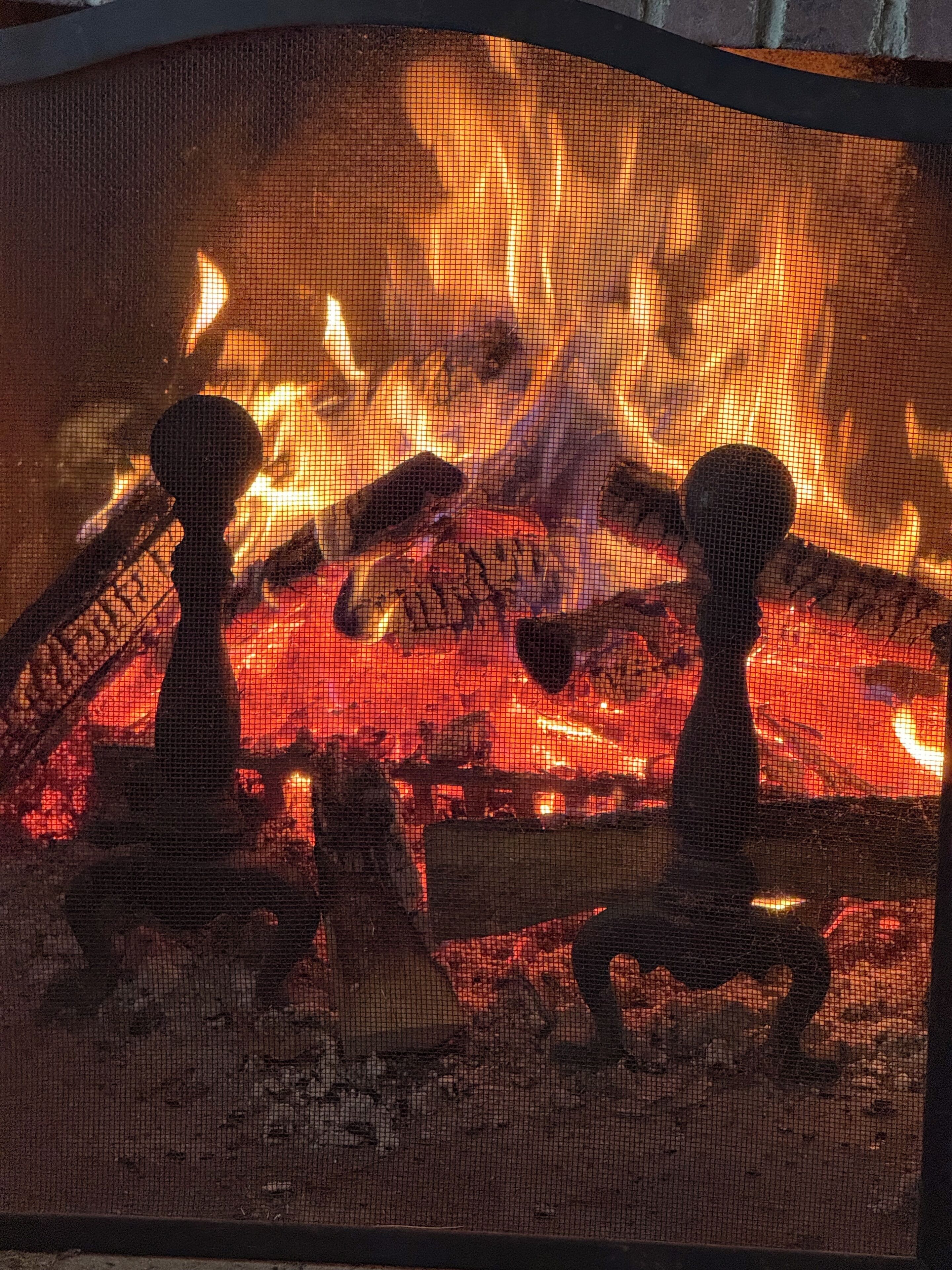 A fireplace with logs and a screen.