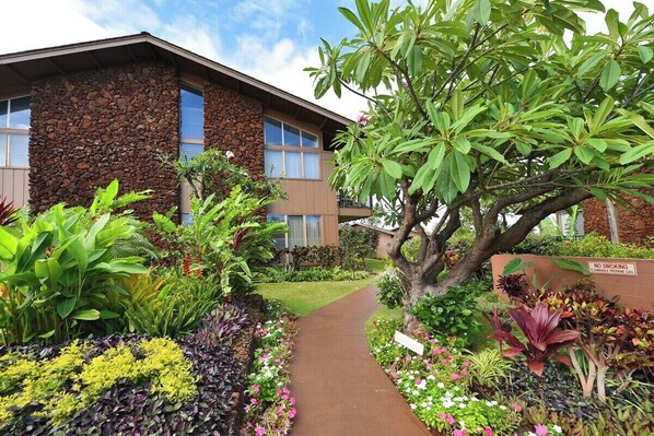 A building with a stone facade, a pathway, and various plants.