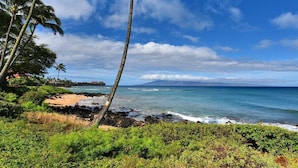 Una playa tropical con palmeras, un litoral rocoso y un cielo azul despejado.