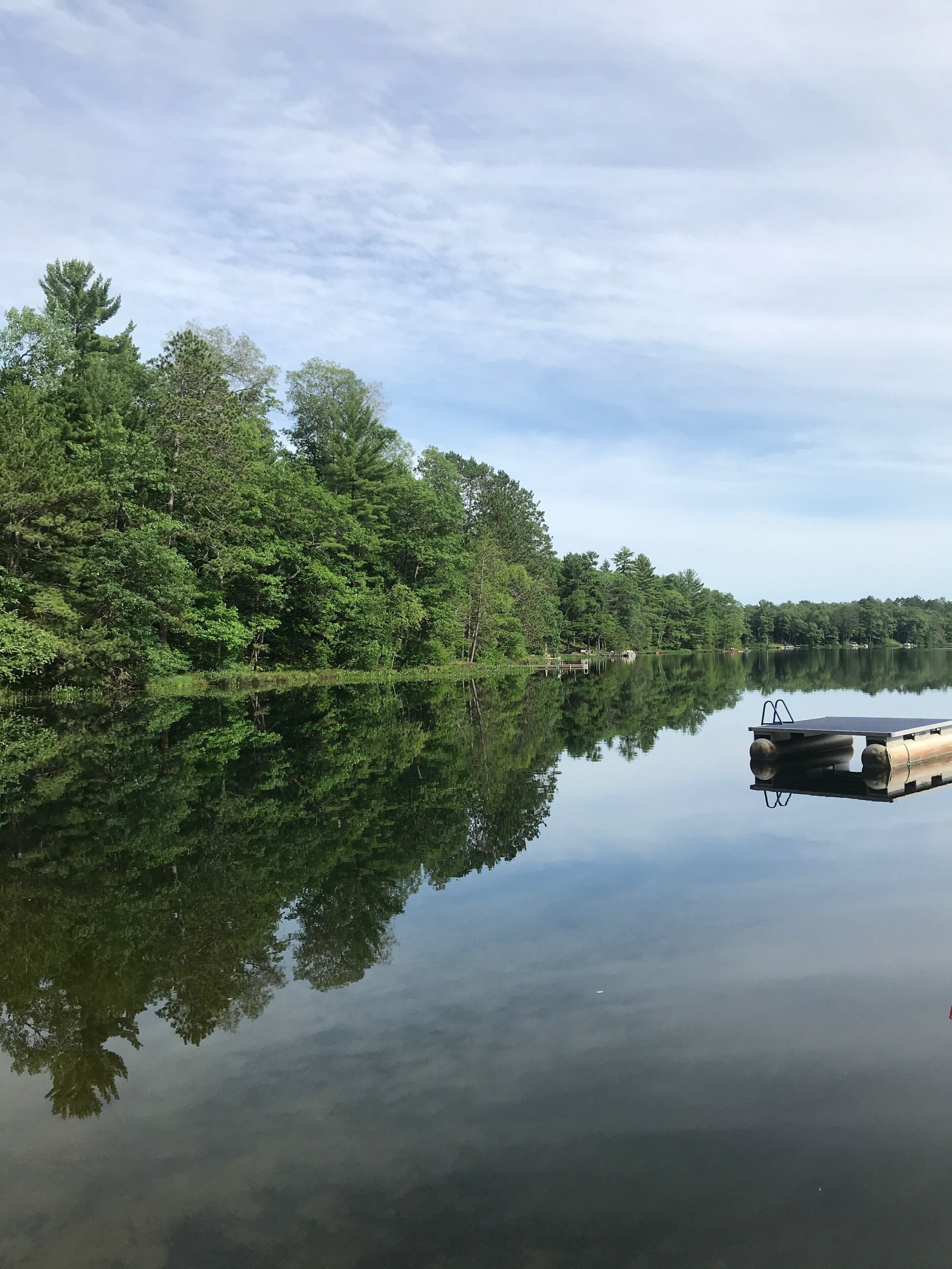Un lago tranquilo con un bosque denso en una orilla y un muelle que se adentra en el agua.