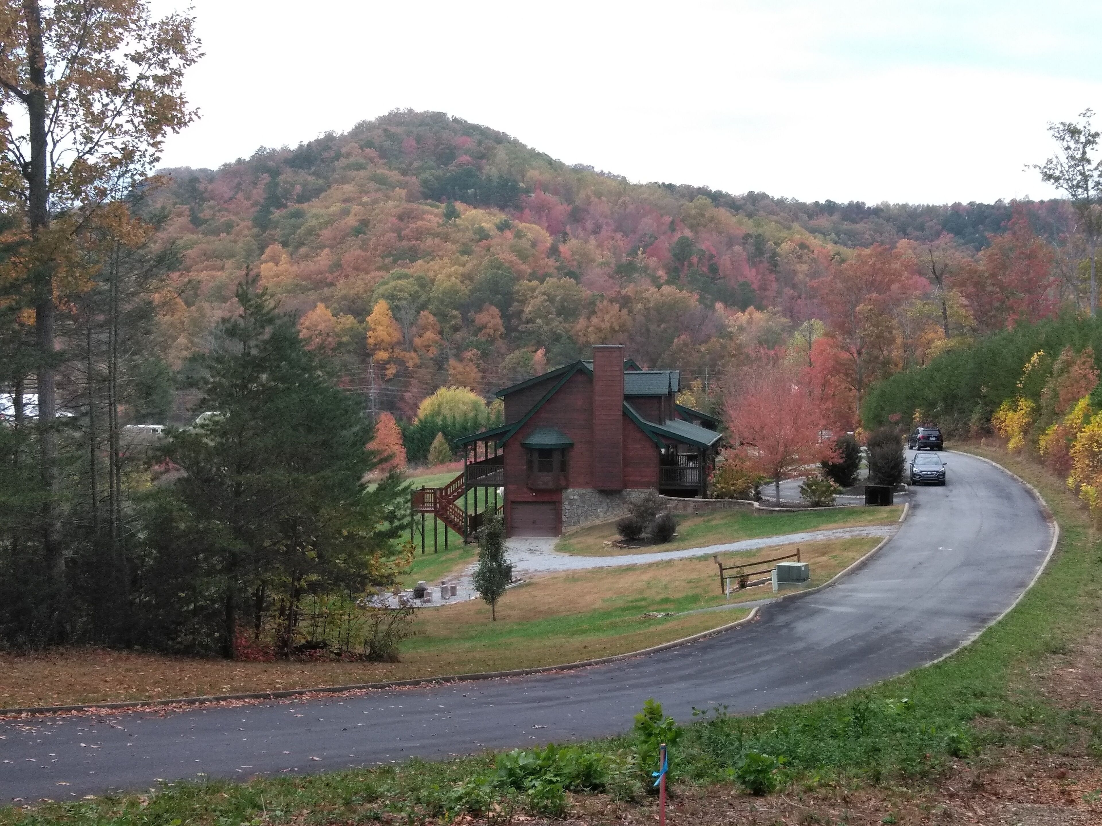 A house with a green roof, a brick chimney, and a porch.
