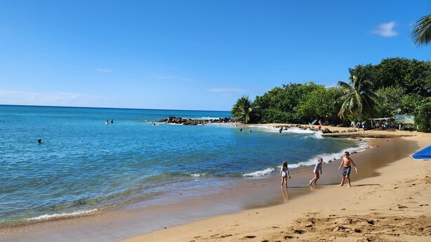 A beach with clear blue water, people swimming and walking on the shore, and palm trees in the background. - Surfing Privacy and Relaxation!  Wi-Fi, full A/C! (Rincon)