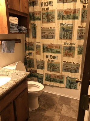 Combined shower/bathtub, hair dryer, towels, toilet paper