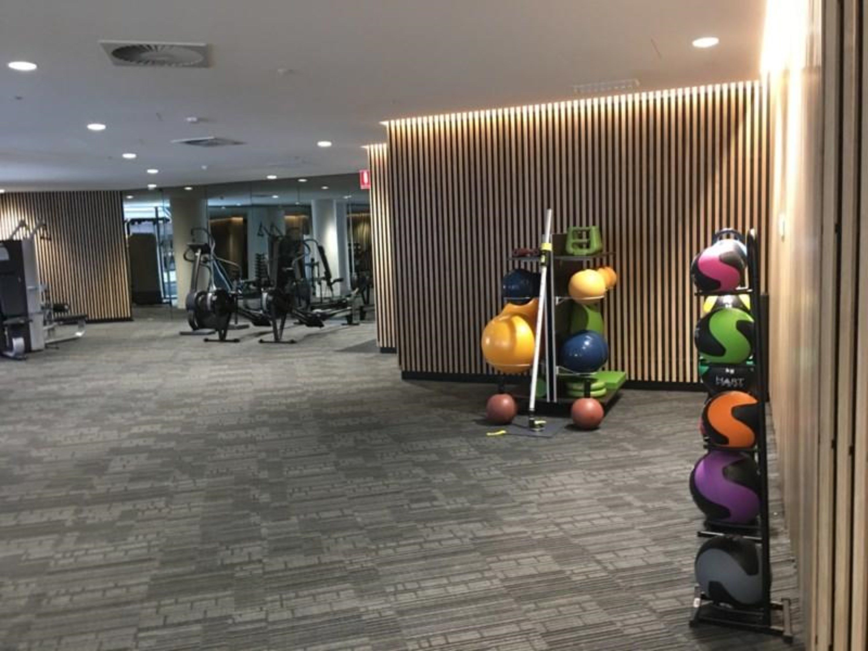 Une salle de sport équipée de matériel d’exercice et comprenant un présentoir rempli de ballons colorés.