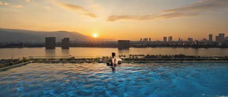 Outdoor pool, pool umbrellas, pool loungers