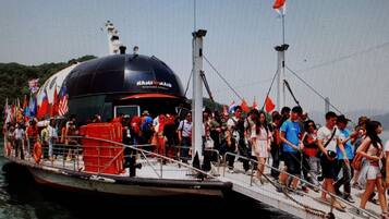 A large boat with a dome structure, surrounded by people and flags.
