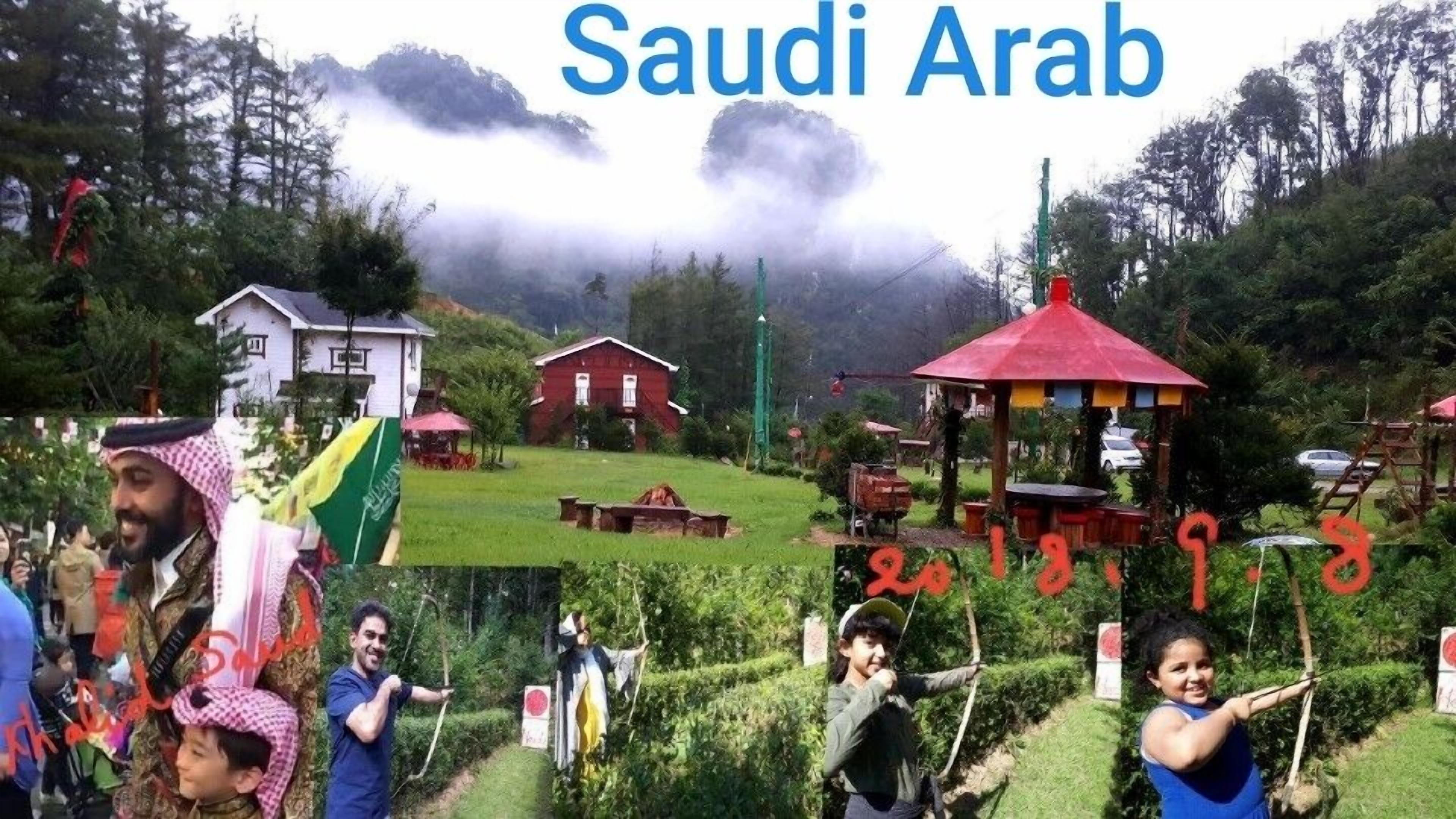 A rural setting with traditional houses, a gazebo, and people engaging in outdoor activities.