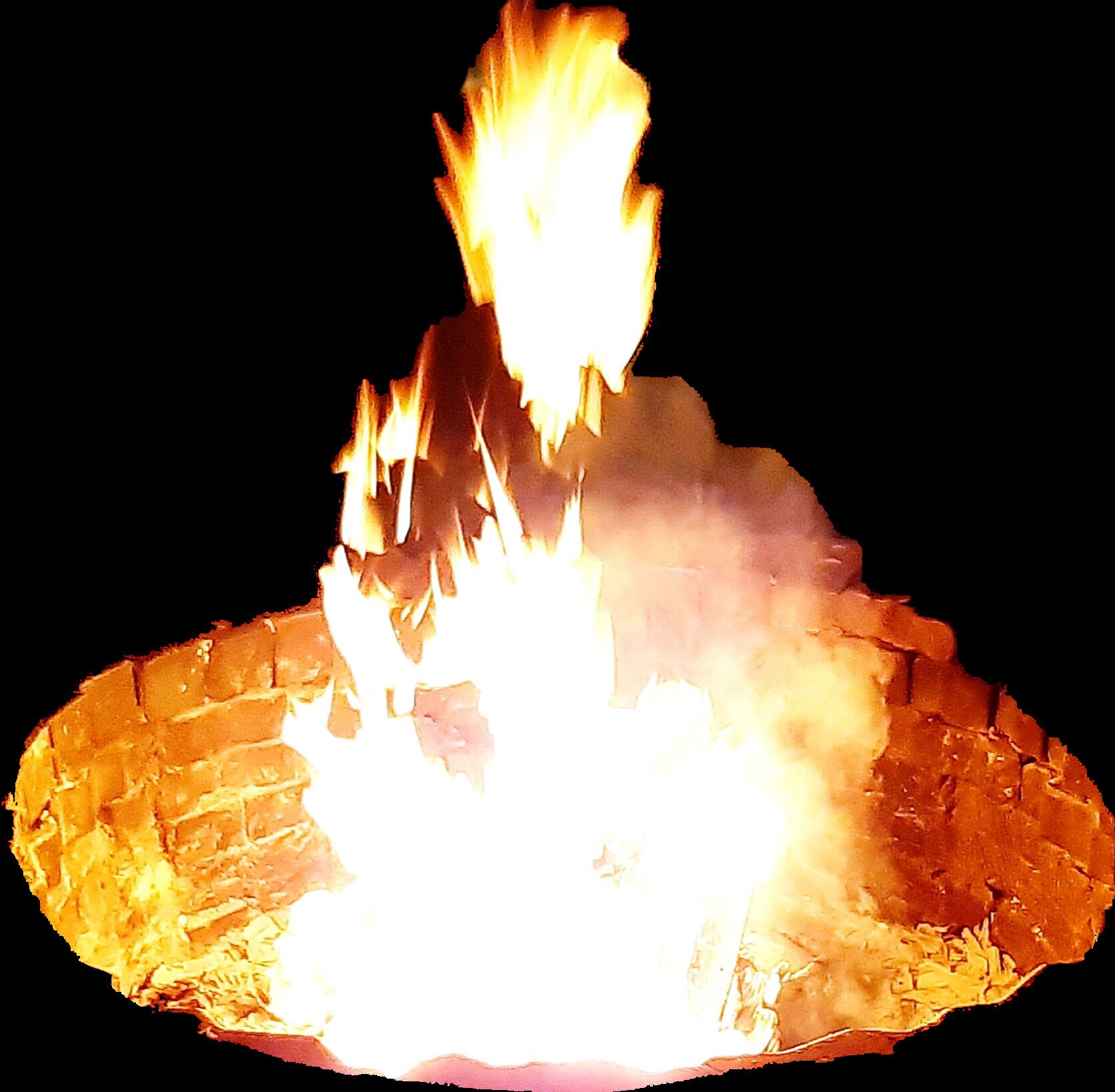 A campfire with logs arranged in a circular pattern, surrounded by a fire ring.
