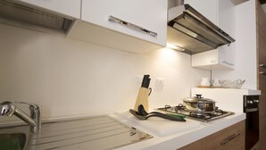 Uma cozinha moderna com uma pia de aço inoxidável, fogão a gás e armários de madeira.