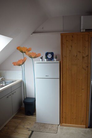 Apartamento, 1 quarto | Cozinha americana privada | Geladeira, micro-ondas, fogão, cooktop