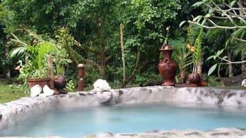 Alberca al aire libre y camastros