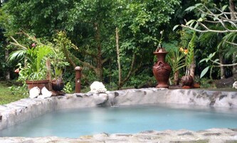 Una piscina al aire libre, sillones reclinables de piscina