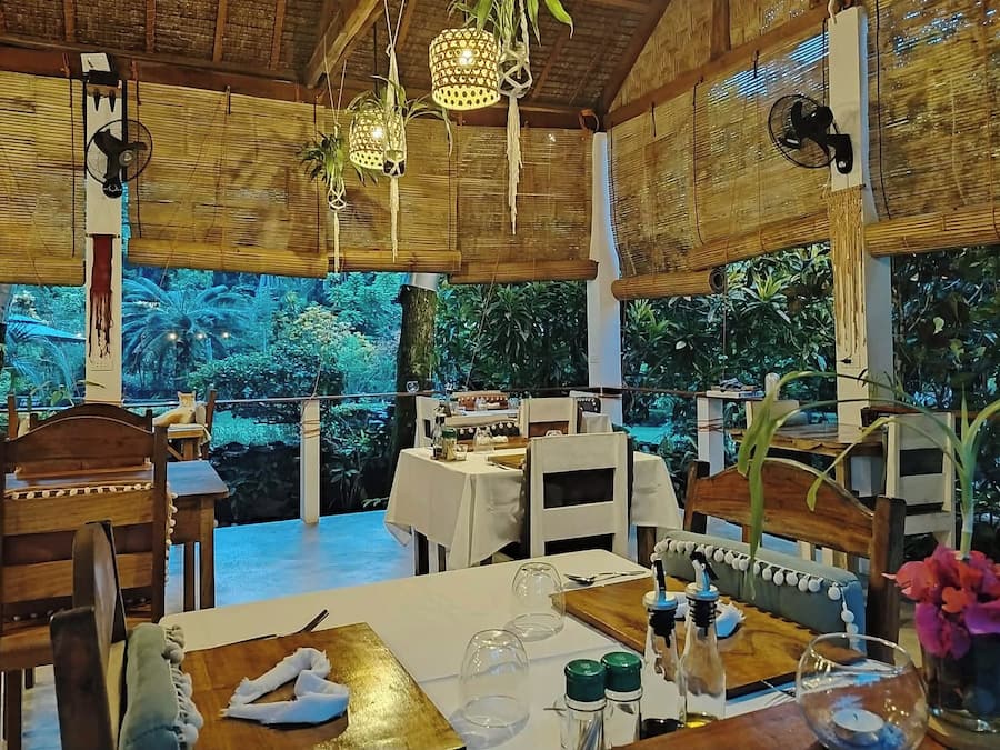 An indoor dining area with tables and chairs, a large window with a view of greenery, and hanging light fixtures.