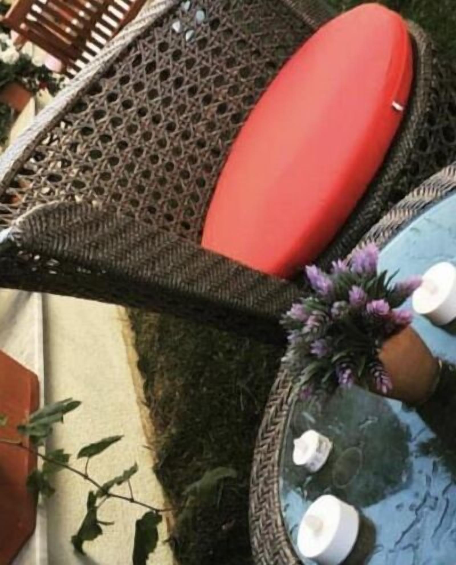 Una silla de mimbre con un cojín rojo, una mesita con superficie azul y una planta en maceta con flores moradas.