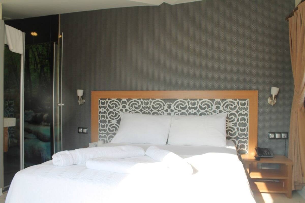 Habitación de hotel con una cama grande, cabina de ducha de vidrio y un cabecero estampado.