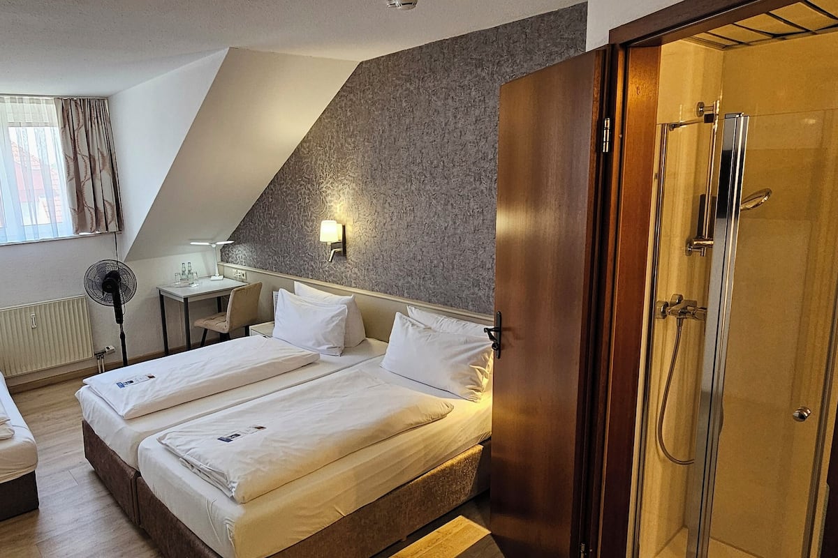 A hotel room with a bed, a desk, a chair, a wardrobe, and a shower.